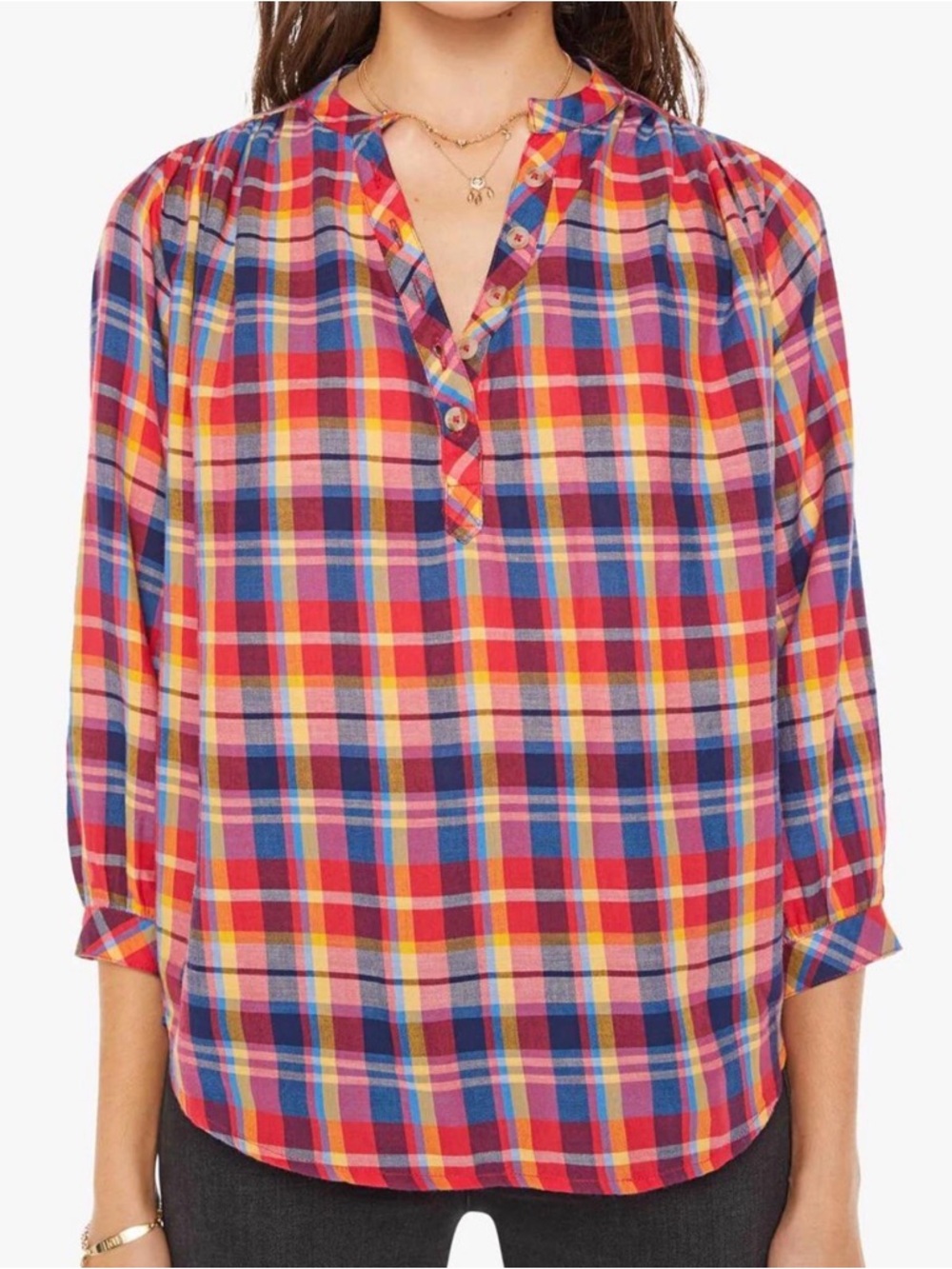 MOTHER The Push Over Top Rad Plaid Multicolor Henley Relaxed Popover Blouse SZ S